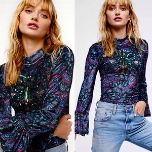 Free People L’Amour Velvet Paisley Butterfly Sequin Top
